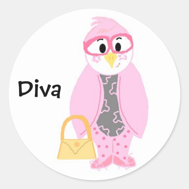 Pegatina Redonda Diva Pingüino Rosa (Anverso)