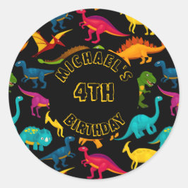 Pegatina Redonda Diversas especies de dinosaurios coloridos