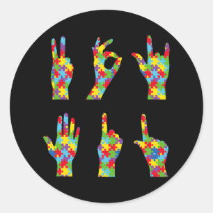 Pegatina Redonda Diversión ASL Amor Rótulo Lenguaje Autismo Concien
