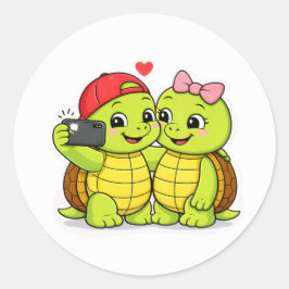 Pegatina Redonda Diversión de selfie de dúo de tortugas