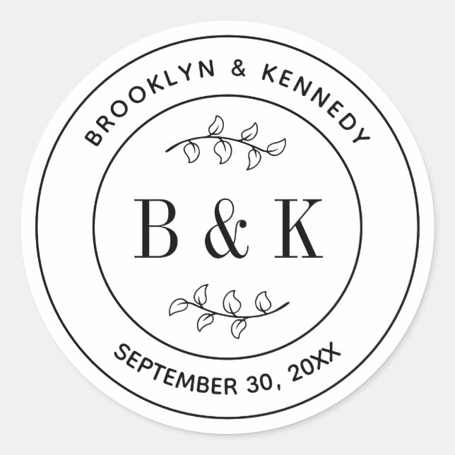 Pegatina Redonda Diversión floral botánica Monograma Boda Nombre de (Anverso)
