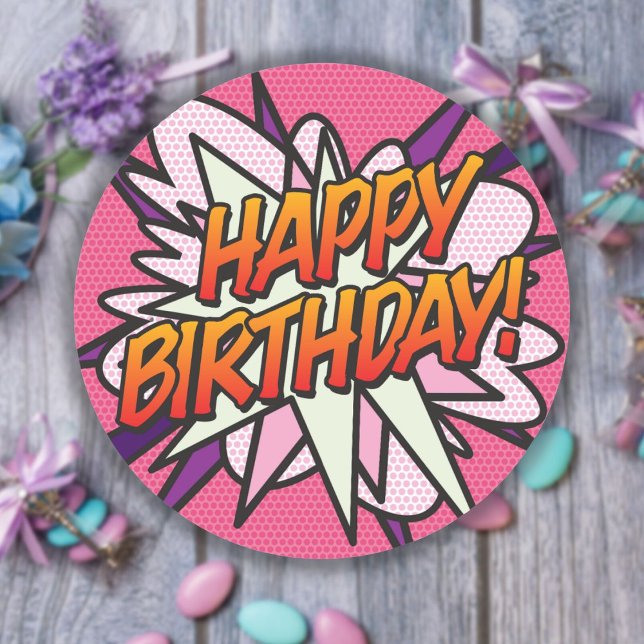 Pegatina Redonda Diversión Rosa Moderna FELIZ CUMPLEAÑOS (Subido por el creador)