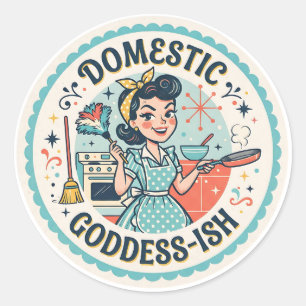 Pegatina Redonda Divertida Diosa Doméstica de mediados de siglo-ish