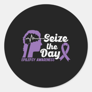 Pegatina Redonda Divertida Epilepsia Awareness Seize the Day Ribbon
