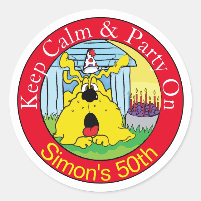 Pegatina Redonda Divertida fiesta de cumpleaños de Dog HUH. (Anverso)