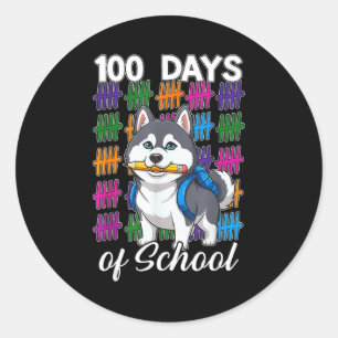 Pegatina Redonda Divertido 100 días de escuela siberian husky niños
