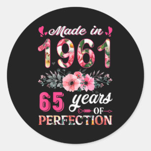Pegatina Redonda Divertido 65 Años Hecho En 1961 Floral 65 Cumpleañ