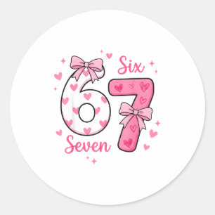 Pegatina Redonda Divertido 67 Lindo Seis Siete Meme Corazones Rosad