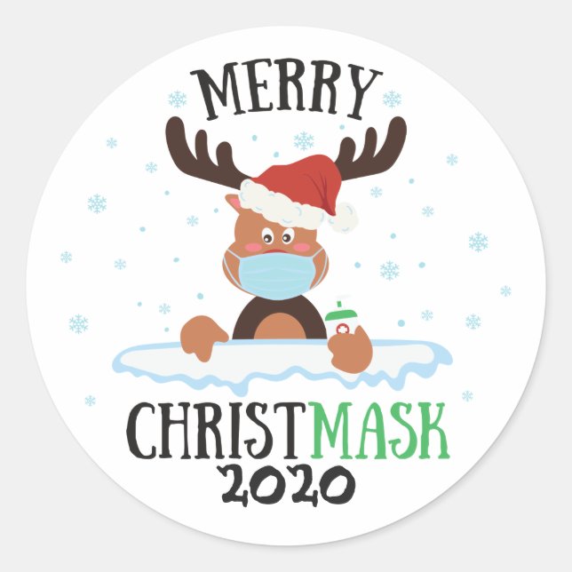 Pegatina Redonda Divertido alegre Christmask reno máscara de máscar (Anverso)