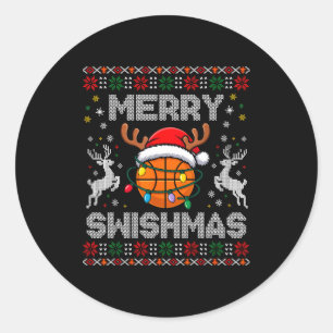 Pegatina Redonda Divertido Alegre Swishmas Baloncesto Navidad Reno