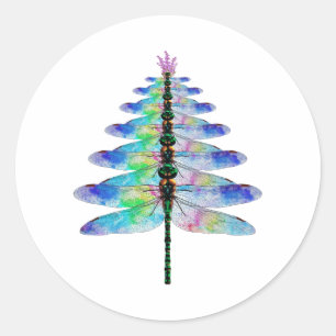 Pegatina Redonda Divertido árbol de navidad de la libélula