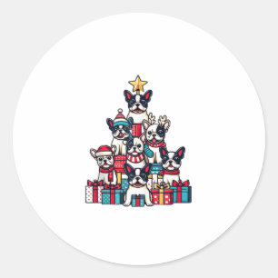 Pegatina Redonda Divertido árbol de Navidad francés Bulldog copos d