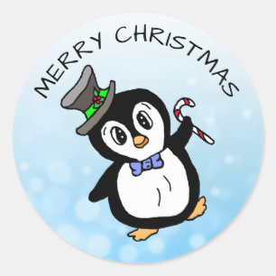Pegatina Redonda Divertido baile de pingüino con Navidades de candy