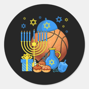 Pegatina Redonda Divertido baloncesto judío Menorah Happy Hanukkah