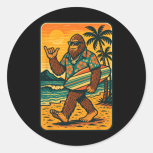 Pegatina Redonda Divertido Bigfoot Aloha Hawaiano Surf Tropical Pla