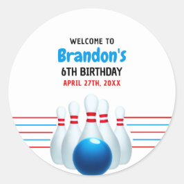 Pegatina Redonda Divertido Blue & Red Bowling Kids 6º cumpleaños