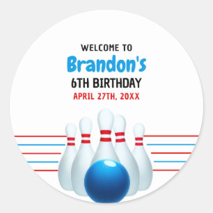 Pegatina Redonda Divertido Blue & Red Bowling Kids 6º cumpleaños