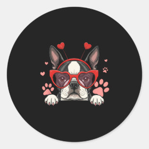 Pegatina Redonda Divertido Boston Terrier Corazón Cabeza San Valent