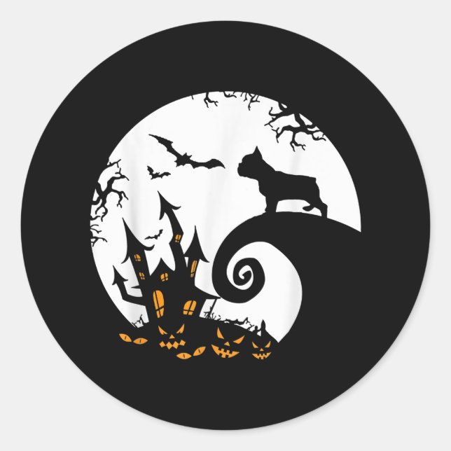 Pegatina Redonda Divertido Bulldog Francés Y Moon Halloween (Anverso)