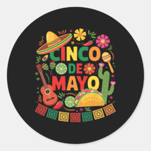 Pegatina Redonda Divertido Cinco De Mayo Sombrero Mexicano Hombre M
