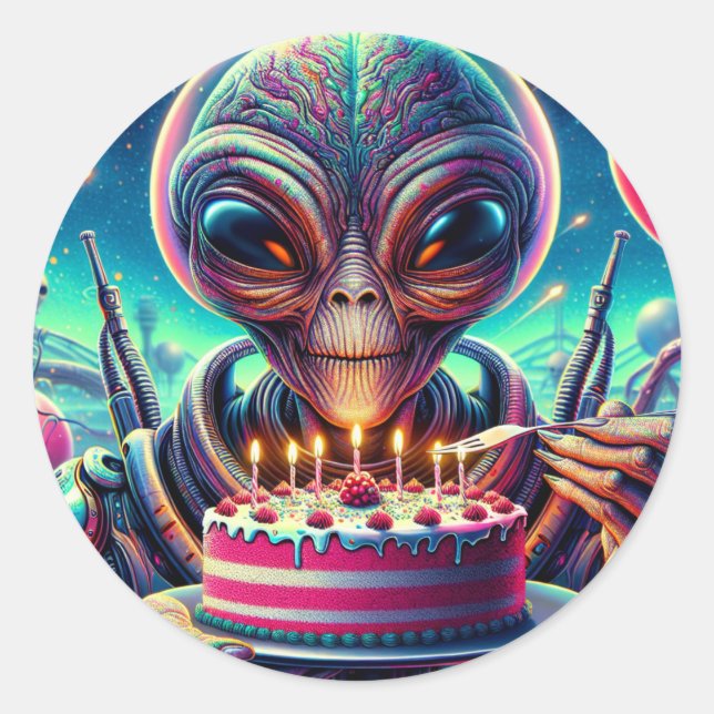 Pegatina Redonda Divertido cumpleaños con temas de Alien (Anverso)