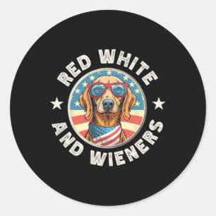 Pegatina Redonda Divertido Dachshund Blanco Rojo Y Wieners Perro We