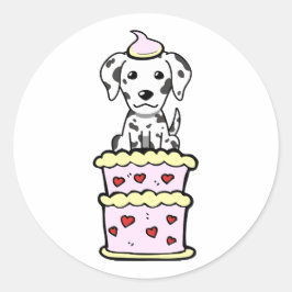 Pegatina Redonda Divertido dálmata saltando de un pastel