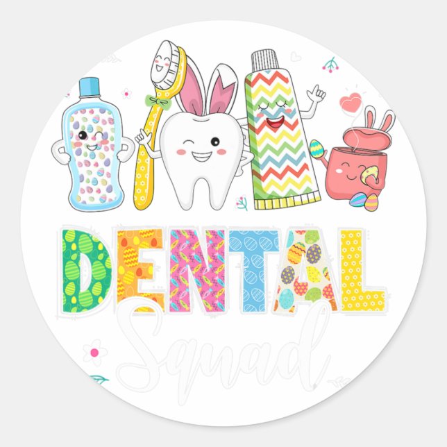 Pegatina Redonda Divertido Dental Squad Bunny Dentist Feliz Día de  (Anverso)