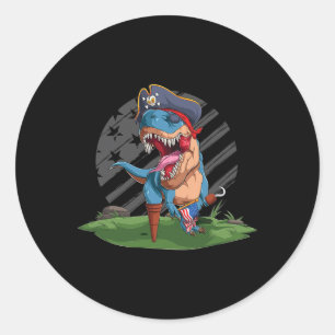 Pegatina Redonda Divertido Dino Pirata La Bandera Estadounidense Da
