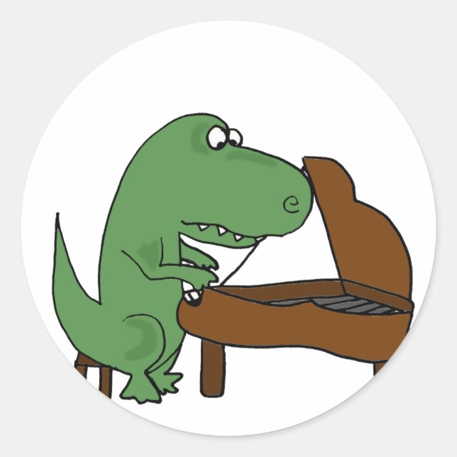 Pegatina Redonda Divertido Dinosaurio T-Rex jugando al piano (Anverso)