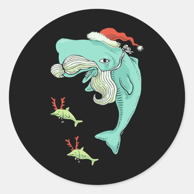 Pegatina Redonda Divertido Feliz Navidad Océano ballena Santa Claus (Anverso)