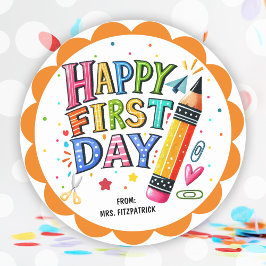 Pegatina Redonda Divertido Feliz Primer Día Del Lápiz Escolar
