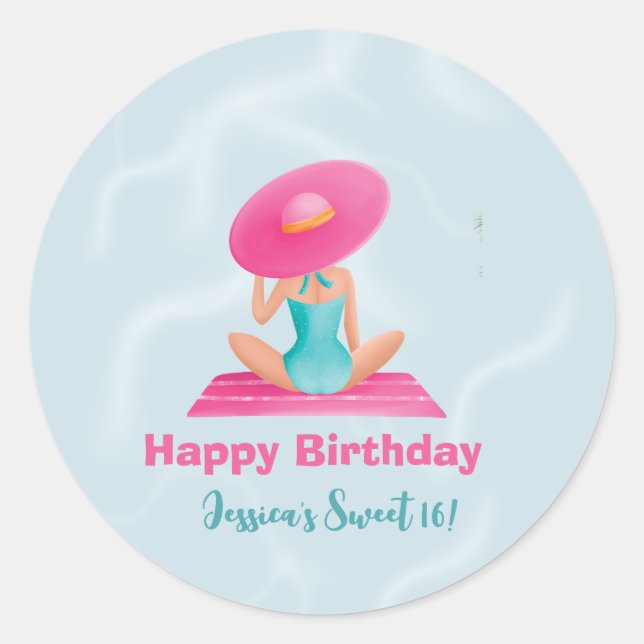 Pegatina Redonda Divertido Fiesta de la piscina de verano acuarela  (Anverso)