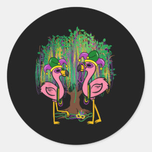 Pegatina Redonda Divertido Flamingo Mardi Gras Carnavales Perlas Ár