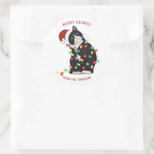 Pegatina Redonda Divertido Gato Merry CatMus Personalizado Navideño
