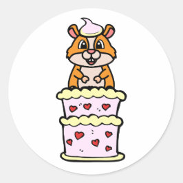 Pegatina Redonda Divertido Hamster saltando de un pastel