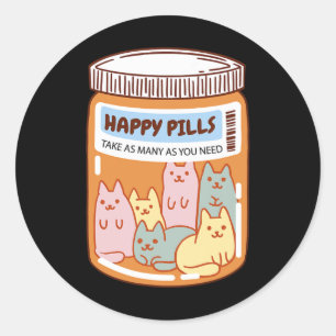 Pegatina Redonda Divertido Happy Pills Cat Cute Salud Mental Lover
