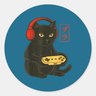 Pegatina Redonda Divertido hermano gato jugador videojuegos juegos