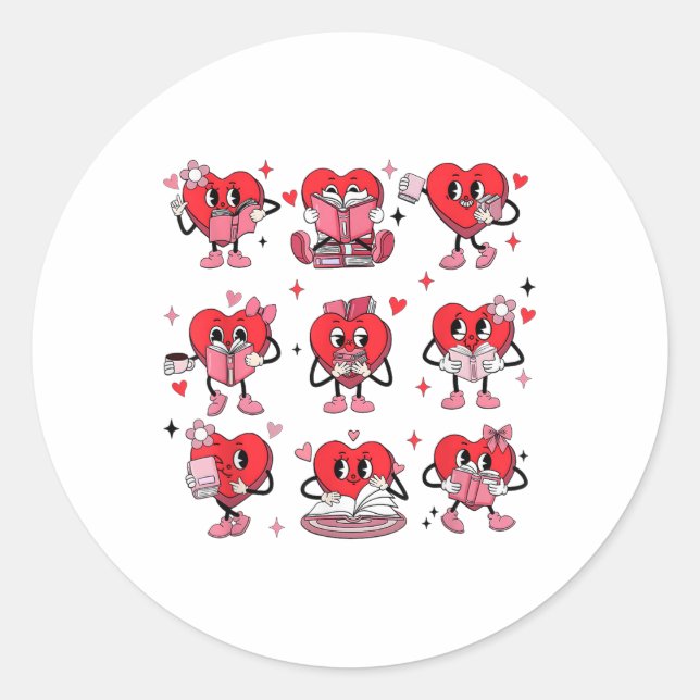 Pegatina Redonda Divertido lector de Día de San Valentín de libro d (Anverso)