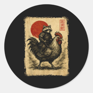 Pegatina Redonda Divertido Mapache Gallo Pollo Japonés Uki