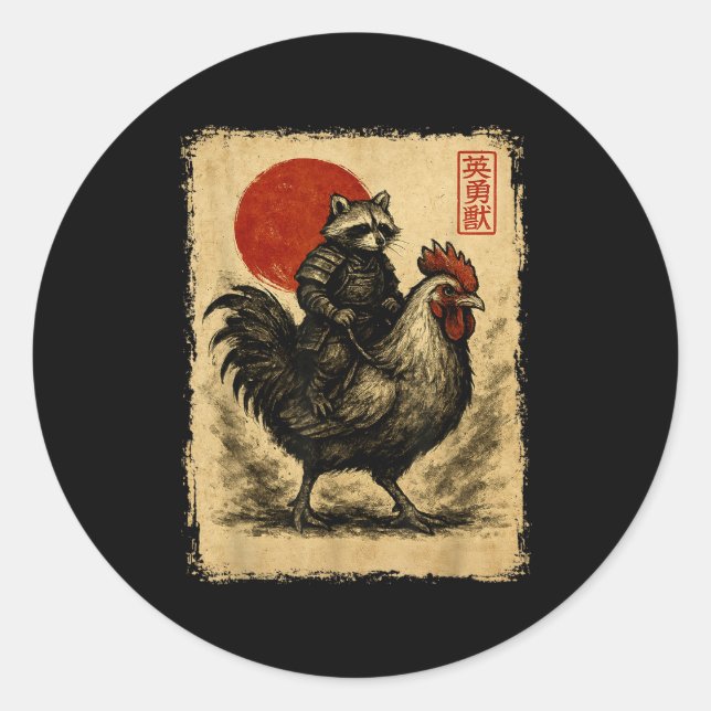 Pegatina Redonda Divertido Mapache Gallo Pollo Japonés Uki (Anverso)