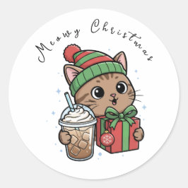 Pegatina Redonda Divertido Meowy Navidad Gato Café Helado Grande Re