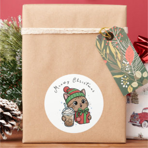 Pegatina Redonda Divertido Meowy Navidad Gato Café Helado Grande Re