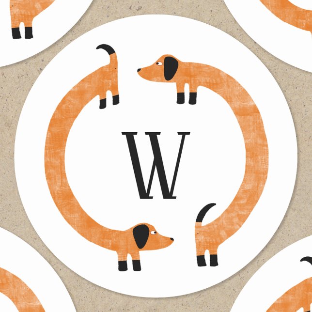 Pegatina Redonda Divertido Monograma de perros Dachshund Sausage (Dachshund Wiener Sausage Dog monogram initial stickers)