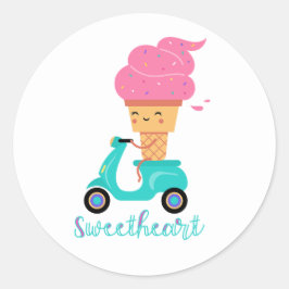 Pegatina Redonda Divertido Patinete de Helado Rosa de Verano Dulce