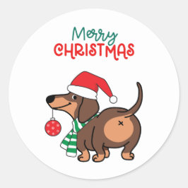 Pegatina Redonda Divertido perro de Dachshund Cute Feliz Navidad