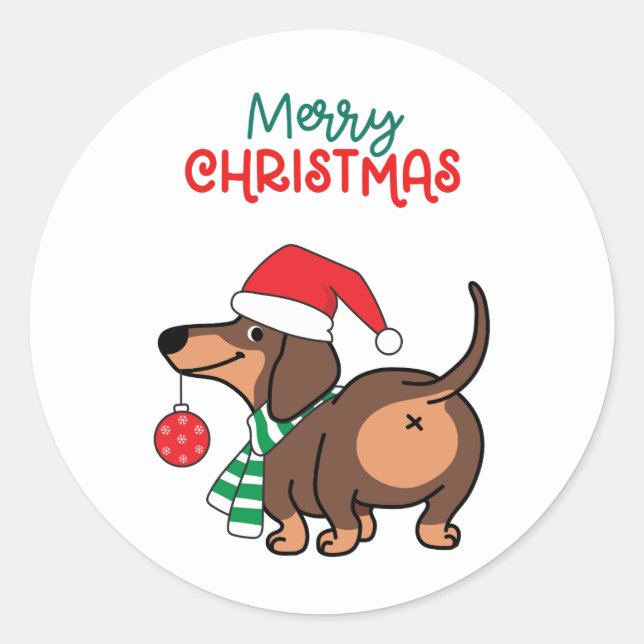 Pegatina Redonda Divertido perro de Dachshund Cute Feliz Navidad (Anverso)
