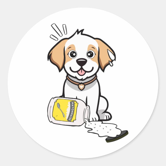 Pegatina Redonda Divertido perro feliz derramó mayonesa (Anverso)