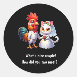 Pegatina Redonda Divertido Qué Bonita Pareja De Pollos Y Gato Graci