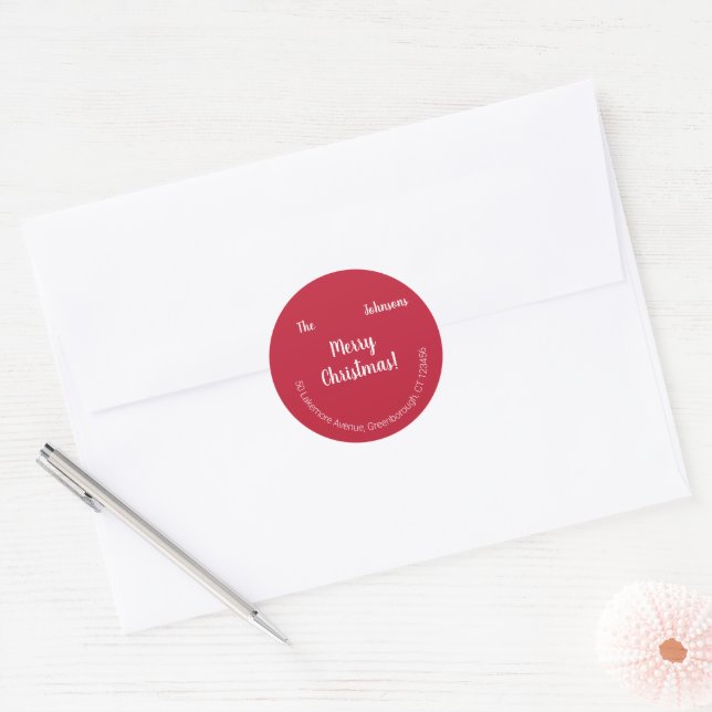 Pegatina Redonda Divertido Red Merry Christmas Return Address (Sobre)